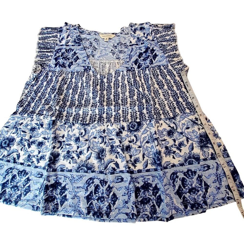 Lucky Brand Womens Blue & White Floral Cotton Top Size  M breathable comfort